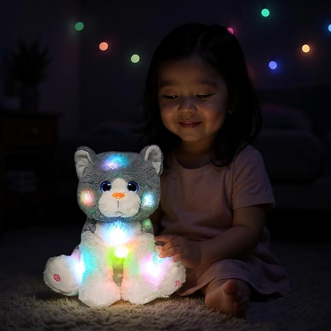 Cuteoy Light-up Singing Plush Cat LED Musical Kitty Stuffed Animal Adjustable Volume Lullaby Plushies Birthday Christmas Toy Gifts for Kids Toddler Girls, 10.5"