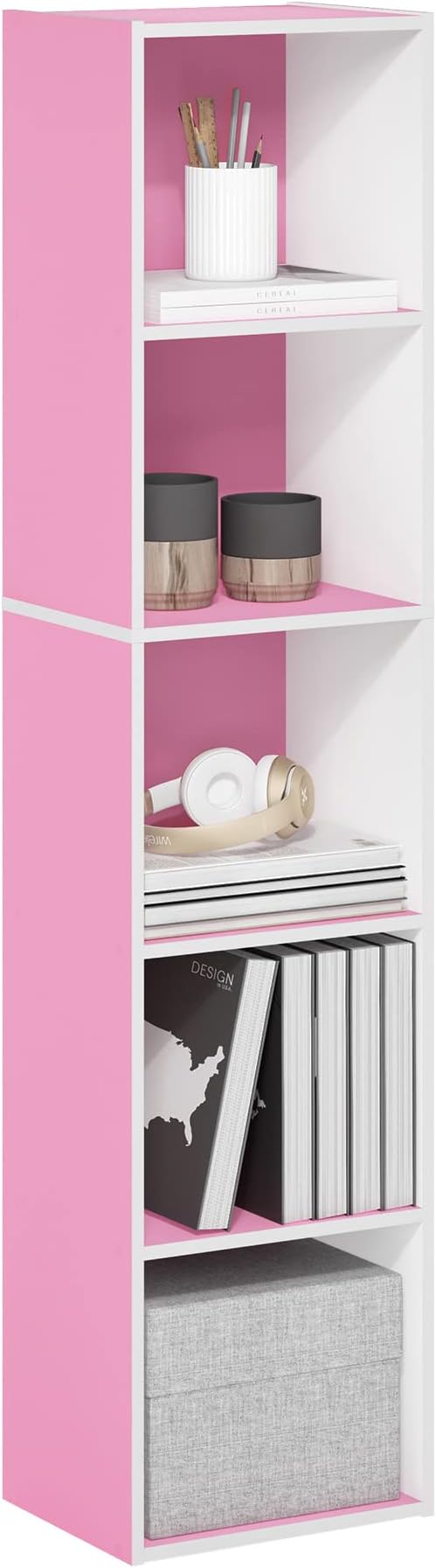 Furinno Luder Bookcase / Book / Storage, 5-Tier Cube, Pink/White