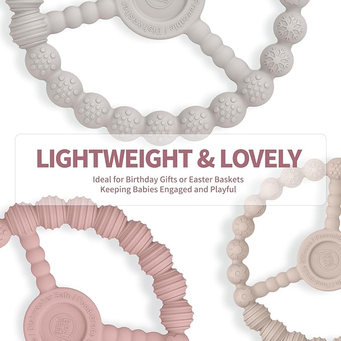 3 Pack Baby Teething Toys 3-6 Months, Silicone Ring Teethers for Babies 6-12 Months, Freezer Safe Chew Toy with Textured Grip for Boys Girls Teething Relief, Infant Easter Gift (Sandy Rose Pink)