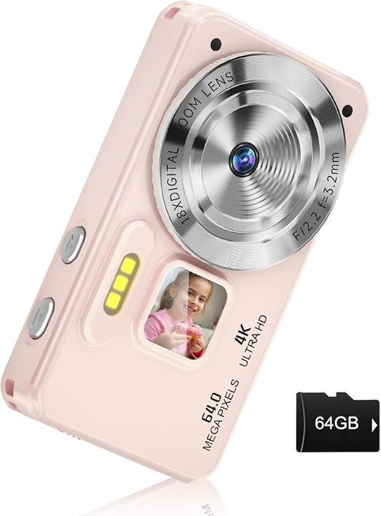 Digital Camera, Autofocus 4K 64MP Point and Shoot Digital Cameras for Teens with 64GB Card, 18X Zoom Anti-Shake Compact Video Camera for Student Kids Boys Girls Beginner - Pink