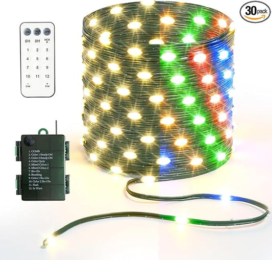33ft Battery Operated String Lights, 100 LED Warm White & Multicolor Fairy String Lights Battery Powered w/Remote & Timer for Indoor Outdoor Christmas Trees Decoration Bedroom Patio