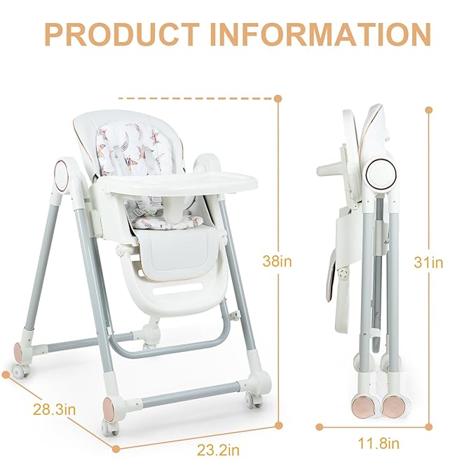 Foldable High Chair for Babies and Toddlers，Baby Swings for Infants 6-36 Months Old, Portable Baby Chair with Adjustable Backrest, Footrest, Tray, and Seat Height, Detachable Leather Cushion