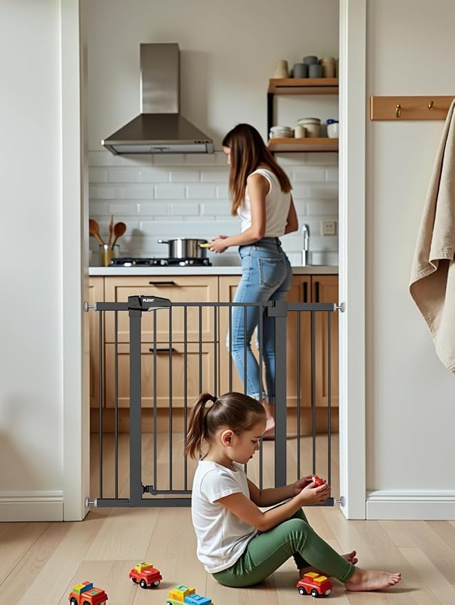 36.2" Extra Tall Baby Gate for Stairs, 29.5-46" Wide Dog Gate for Doorways, Walk Thru Auto Close Metal Child Gate for The House, Stairs and Doorways, Pet Gate Pressure Mounted Dog Gate Indoor (Black)