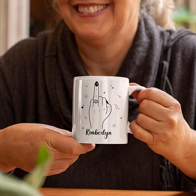 Personalized Ring Finger Coffee Mug With Name, Custom White Cup Gift For Wedding Engagement Bridal Shower Bachelorette, Ring Accent Coffee Cup For Her Girlfriend Bride Wife, Just Married Mug 11 15Oz