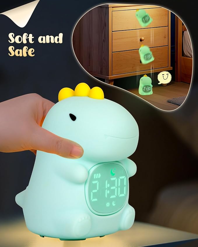 Dinosaus Alarm Clock for Kids with Night Light, Sleep Training Clock Time to Wake Clock, Rechargeable Silicone Light for Bedroom, Perfect Sleep Companion for Boys Girls