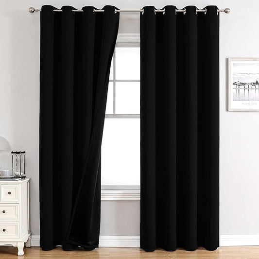 ChrisDowa 100% Blackout Curtains 120 inch Long for Bedroom with Black Liner, 2 Thick Layers Total Blackout Thermal Insulated Grommet Long Window Curtains 2 Panels Set (Black, 52 x 120 Inch)