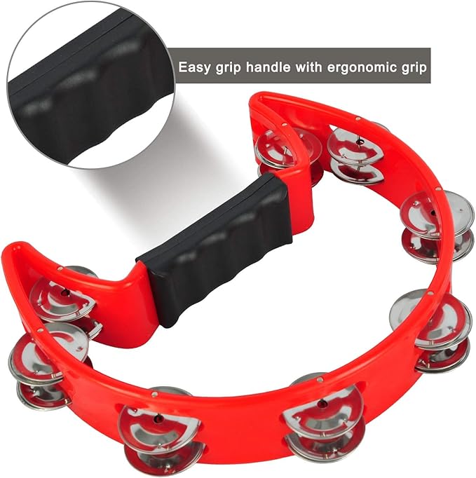 EastRock Tambourine Metal Jingles Hand Held Percussion Half Moon Tambourine for Kids, Adults, KTV, Party Red