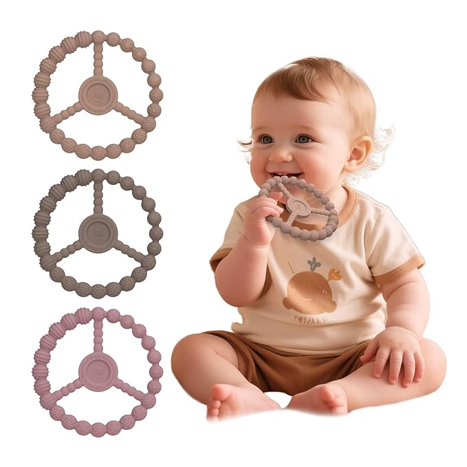 3 Pack Baby Teething Toys 3-6 Months, Silicone Ring Teethers for Babies 6-12 Months, Freezer Safe Chew Toy with Textured Grip for Boys Girls Teething Relief, Infant Easter Gift (Clay DustyRose Brown)
