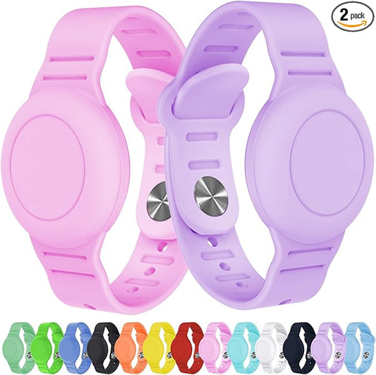 2 Pack Waterproof AirTag Bracelet for Kids, Hidden Silicone Wristband for AirTag, GPS Tracker Case for Air Tag Holder Strap Band for Child Toddler, Secure Anti-Loss Protection(Pink Purple)