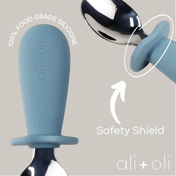 Ali+Oli Spoon & Fork Learning Set for Toddlers (Powder Blue) 6m+ Grab Easy BPA Free Food-Grade Silicone Handle, Kids Silverware Self Feeding Baby Utensil, Multi-stage Baby Feeding Set Ergonomic Design