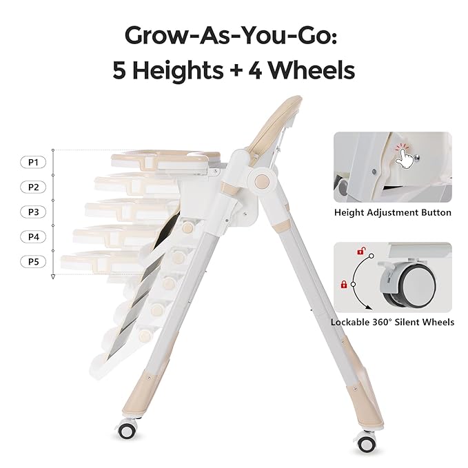 3-in-1 Foldable High Chair for Babies & Toddlers – Adjustable Height, Reclining Seat, 5-Point Safety Harness, Removable Tray, Lockable Wheels and Washable Cushion, Beige