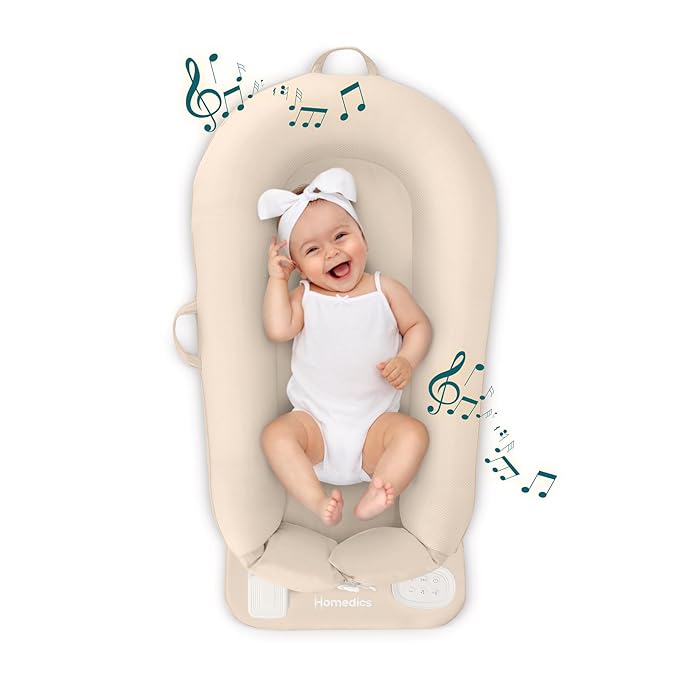 MyBaby 3-in-1 Calming Baby Cushion, Soothing Comfort for Newborns & Infants, Snuggling Sensation, Sound and Vibration, Designed for Safety, Rechargeable & Machine-Washable, by Homedics, Tan