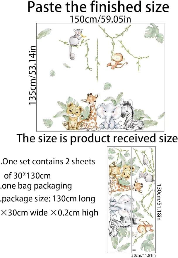 59.05x53.14 Inch Woodland Animals Wall Decals - Forest Animal Wall Decal with Elephant, Zebra, Monkey, Giraffe - Nursery Decor for Home, Baby Room, Boys & Girls Bedroom Art