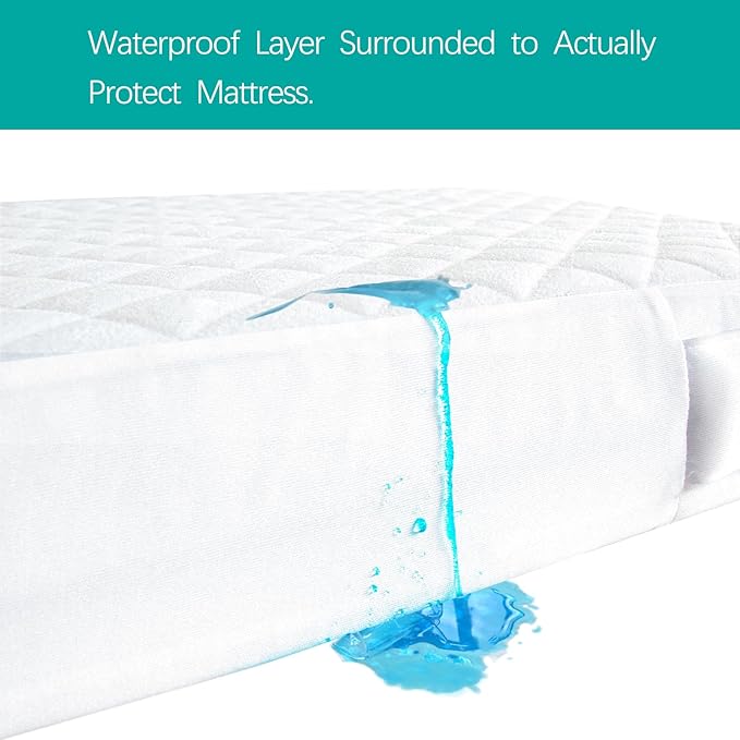 Waterproof Quilted Crib Mattress Encasement, Zippered Crib Mattress Protector, Breathable and Absorbent, Viscose 6 Sides Fully Encased Cover