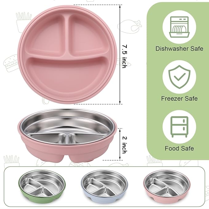 Nuogo 3 Pcs Stainless Steel Baby Suction Plates with Removable Silicone Shell 2-in-1 Metal Toddler Bowl Divided for Picky Eaters Kids Feeding Led Weaning Supplies, Dishwasher Safe (Blue,Pink,Green)