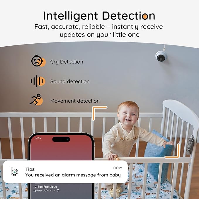 BOIFUN Additional Baby Camera Specifically Compatible with Baby2TM Video Baby Monitor, 360° Camera with Night Light, Auto Tracking, AI Motion & Sound Detection, Two-Way Audio