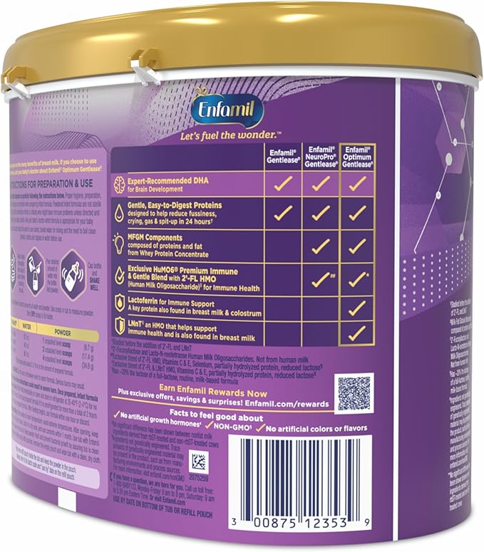 Enfamil Optimum Gentlease Baby Formula, Our Closest Formula to Breast Milk For Fussiness, Crying, Gas & Spit-up, Immune-Supporting Lactoferrin also found in Breast Milk, 19.5 Oz, Pack of 4