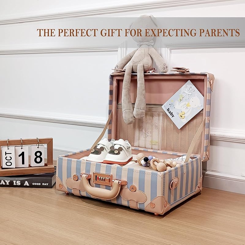 Unitravel Baby Keepsake Case, 16" Handmade Memory Storage Box, Newborn Keepsake Box, Vintage Suitcase for Baby Shower, Baptism, Naming Ceremony or Birthday (blue strip)