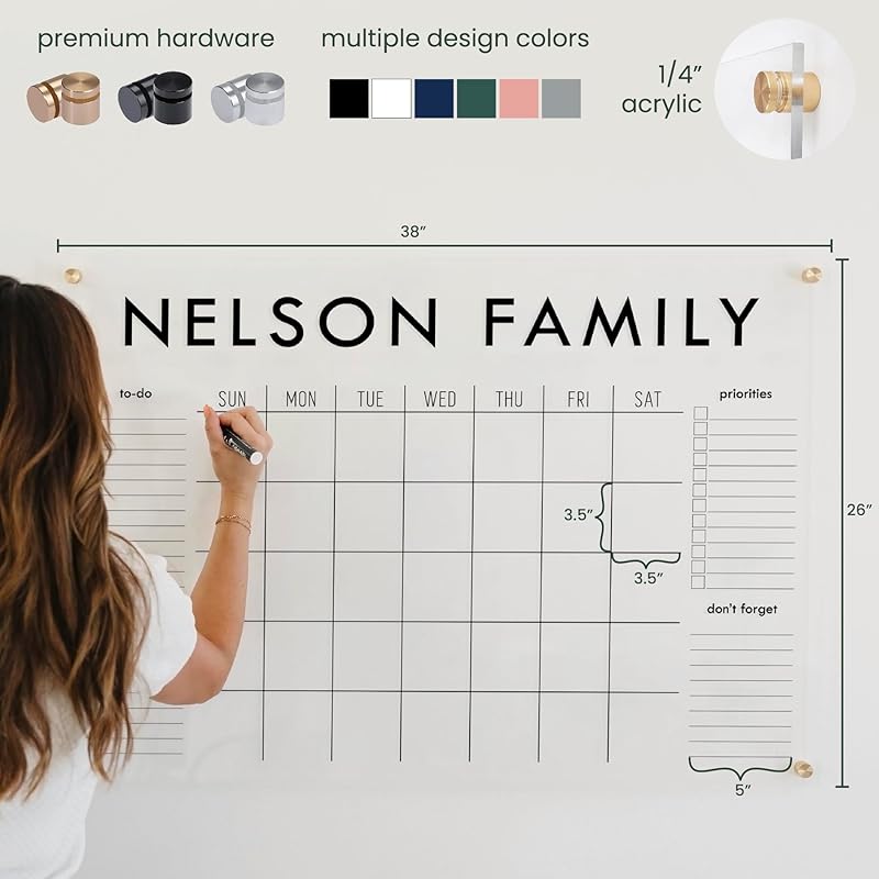 Personalized Clear Acrylic Calendar for Wall, Calendar Whiteboard for Wall, Dry Erase Wall Calendar, Wall Calendar Organizer System for Home (Block, White, 38"W x 26"H)