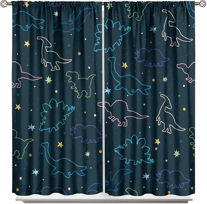 Cartoon Colorful Dinosaur Curtains for Kids Boys Girls Home Decor, Astronaut Funny Outer Space Star Blackout Rod Pocket Window Drapes for Bedroom Living Room W21xL54in 2 Panels
