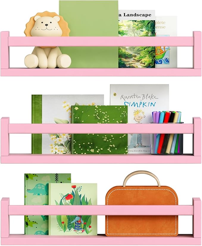 Pink Nursery Floating Shelves for Wall Set of 3, Baby Girls Room Wall Book Shelves for Kids Bedroom, Corner Bookshelf for Toddler Children Bathroom Decor and Toys Organizers and Storage