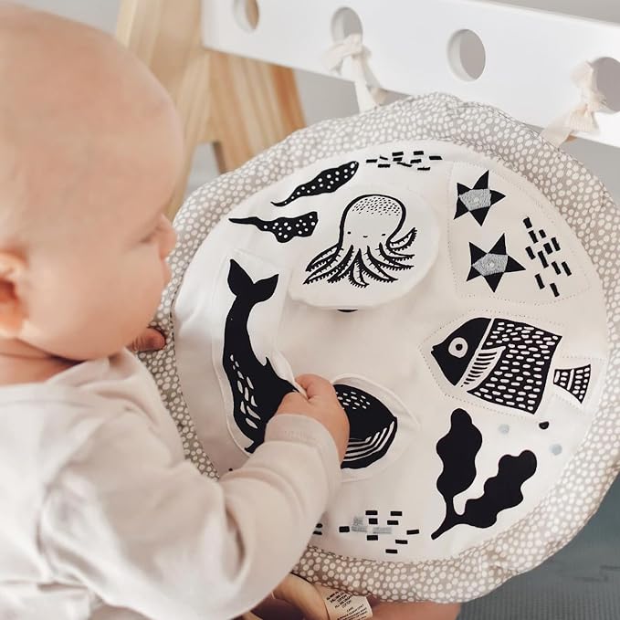 Wee Gallery Ocean Activity Pad Organic Baby Play Mat with Sensory Toys, High Contrast Newborn Essentials Soft Tummy Time Mat for Babies 0-12 Months, Visual and Motor Skill Development Toy