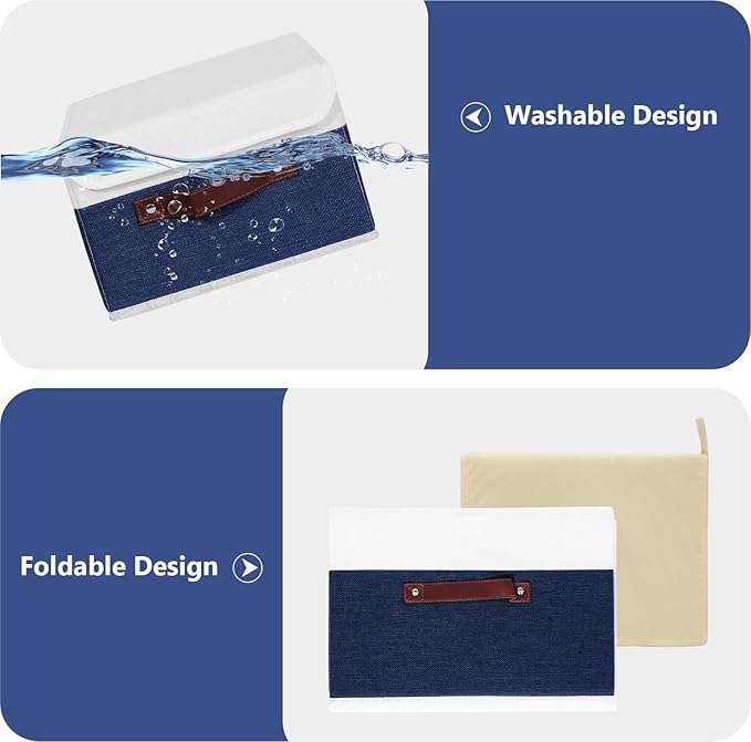 ANMINY Storage Boxes with Lids Washable Decorative Storage Bins Basket with PU Leather Handle Foldable Linen Fabric Storage Cubes Containers for Home Closet Organizer - Deep Blue White, Large Size