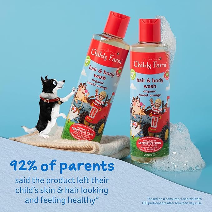 Childs Farm, Kids Hair & Body Wash for Dry, Sensitive Skin, Organic Sweet Orange, Gently Cleanses, Vegan, Cruelty-Free, 8.4 Fl Oz