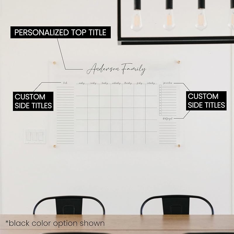 Personalized Clear Acrylic Calendar for Wall, Calendar Whiteboard for Wall, Dry Erase Wall Calendar, Wall Calendar Organizer System for Home (Cursive, Black, 23"W x18.5"H)