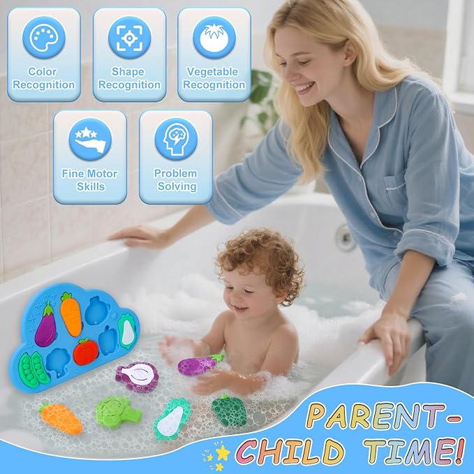 Baby Bath Toys, 100% Silcone Mold Free Vegetable Bath Toys, Soft Toddlers Floating Bathtub Toy, No Hole Tub Water Toys, Shape Sorting&Matching Educational Learning Toys Gift for Boys Girls Kids