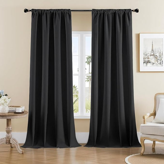 Joydeco Faux Linen Blackout Curtains for Bedroom,Black Blackout Curtains 108 inches Long,100% Blackout Solid Thermal Insulated Window Drapes Luxury Decor for Living Room（W52xL108 Inch,Black）