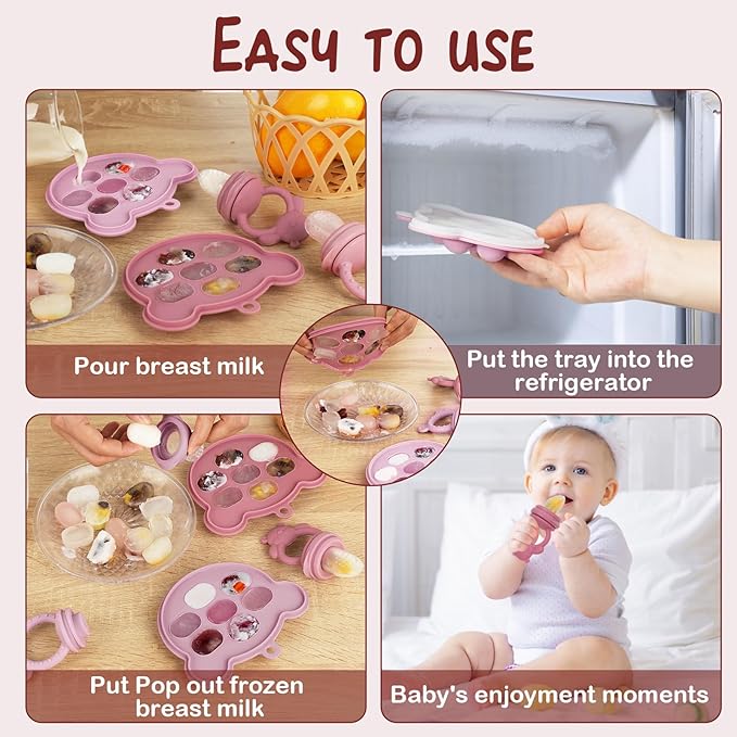 Baby Breastmilk Popsicle Molds & Baby Fruit Feeder (6 Pack), WAJIAYON Baby Food Freezer Tray Storage Containers, Silicone Teething Pacifier Feeder and Teether for Babies,Moss and Fawn Baby Feeder