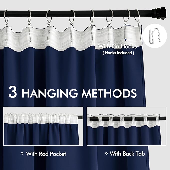 MIULEE Navy Blue Back Tab Blackout Curtains 90 Inches Long 2 Panels Set for Living Room Bedroom Privacy, Rod Pocket/Pinch Pleat Thermal Insulated Room Darkening Pleated Light Blocking Drapes