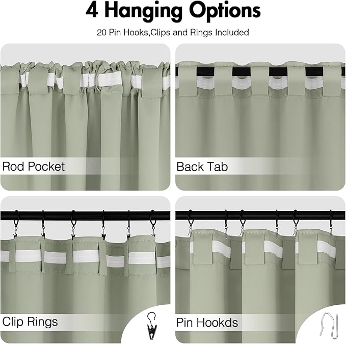 ANRODUO Back Tab Blackout Curtains for Bedroom Living Room, Rod Pocket Pinch Pleated Thermal Insulated Room Darkening Curtains 36 Inches Long 2 Panels, Sage Green, 42 x 36 Inch