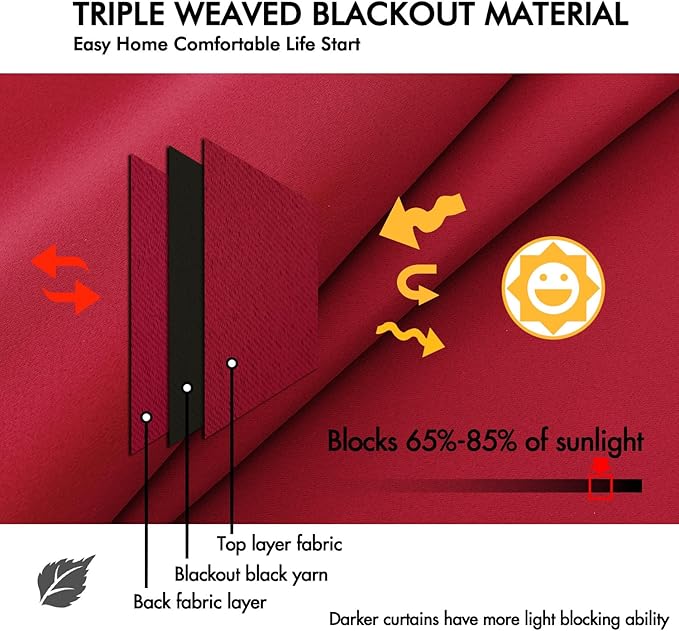 ANRODUO Back Tab Blackout Curtains for Bedroom Living Room, Rod Pocket Pinch Pleated Thermal Insulated Room Darkening Curtains 90 Inches Long 2 Panels, Red, 42 x 90 Inch