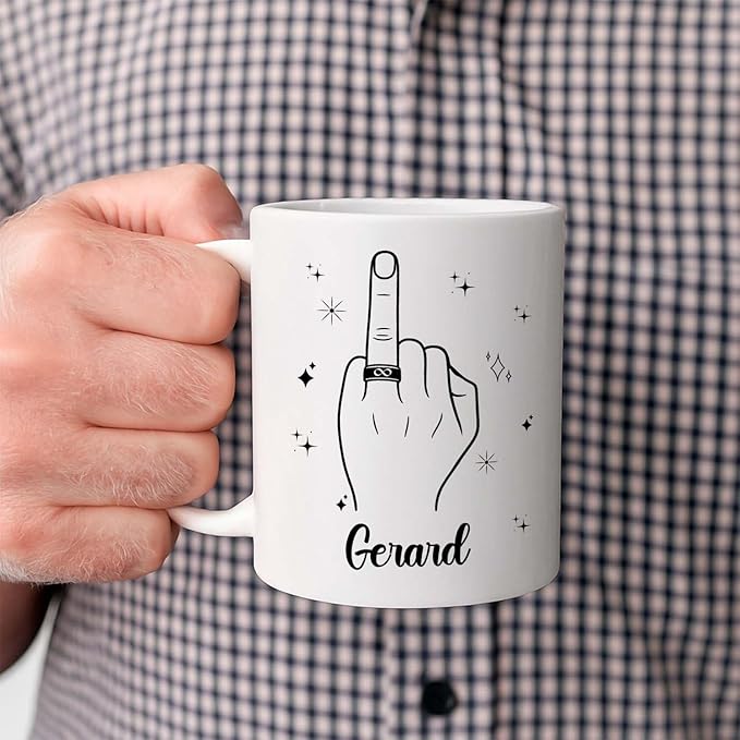 Customized Name Ring Finger Accent Coffee Mug Gift For Men Mr His Fiance Husband Groom, Ring Engaged Coffee Cup 11 Oz 15 Oz, Personalized White Mug Gift For Wedding Bridal Shower Bachelorette Party