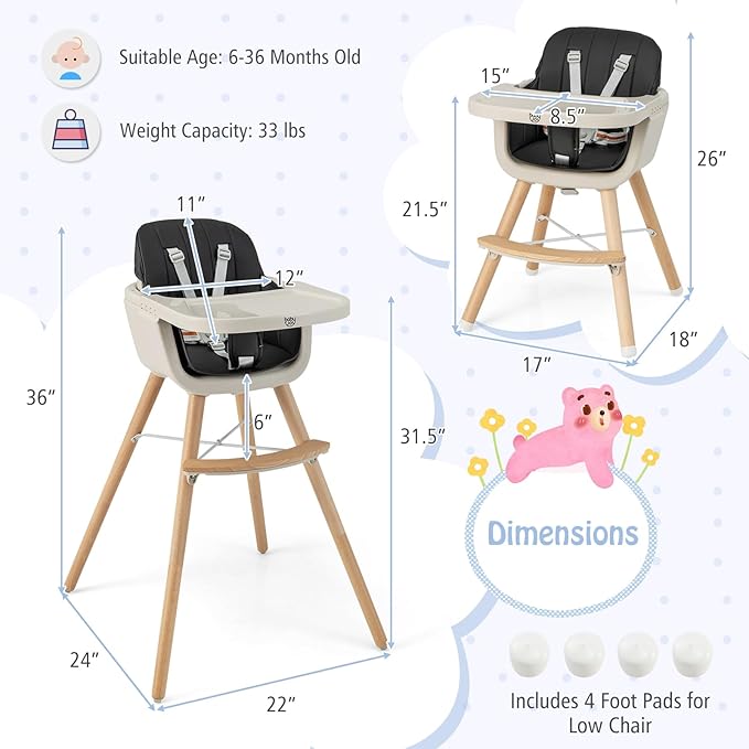 BABY JOY Baby High Chair, 3-in-1 Convertible Wooden Highchair for Babies & Toddlers, Infant Feeding Chair w/ 5-Point Safety Harness, Footrest, Adjustable Legs, Removable Tray & PU Cushion (Black)