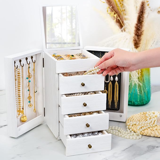 Meangood Jewelry Box Wood for Wowen, 5-Layer Large Organizer Box with Mirror & 4 Drawers for Rings, Earrings, Necklaces, White