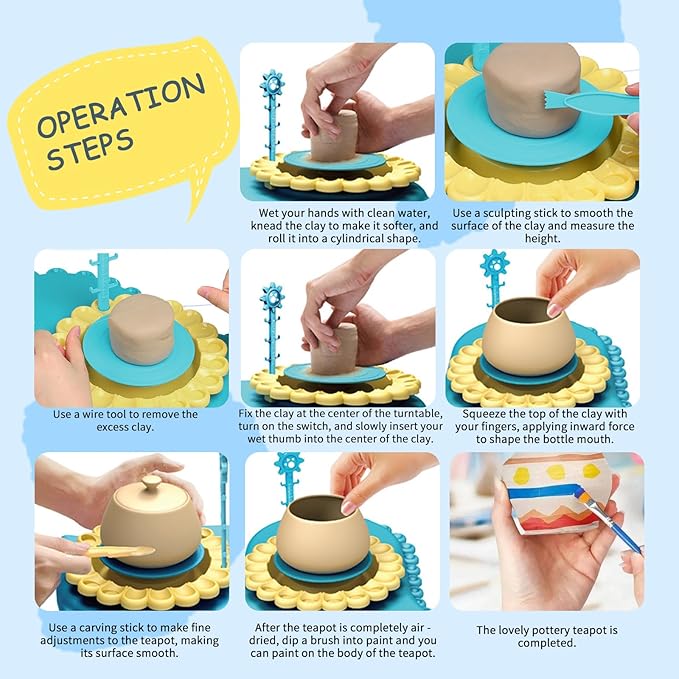 HTUONIAO Dinosaur Pottery Wheel Kit for Kids Ages 6-12 with 3 Air Dry Clays & Tools - Complete Arts and Crafts Studio for Beginners, Creative Gift for Boys and Girls