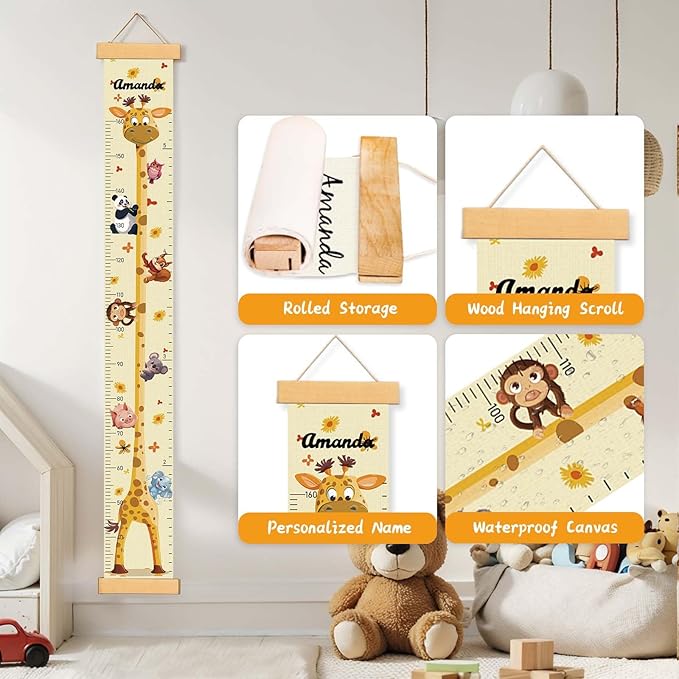 Customize Name Growth Chart Wall, Funny Giraffe Premium Canvas Removable Height Chart for Kids, Height Measurement for Wall, Unisex Kids Room Wall Decor, Measuring Height Charts