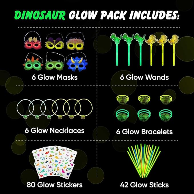 Dinosaur Party Favors Pack – Glow in the Dark Party Supplies | 6 Dinosaur Masks, 6 Bracelets, 6 Necklaces, 6 Wands, 42 Dino Glow Sticks & 80 Stickers | Birthday Classroom Halloween Trick or Treat