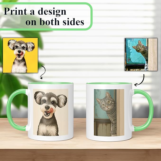 Personalized Coffee Mug, Custom Drawing Portrait Gift, Funny Customized Coffee Gift for Men & Women, Custom Mugs with Pictures, Light Green 11oz Customized Ceramic Tea Cup