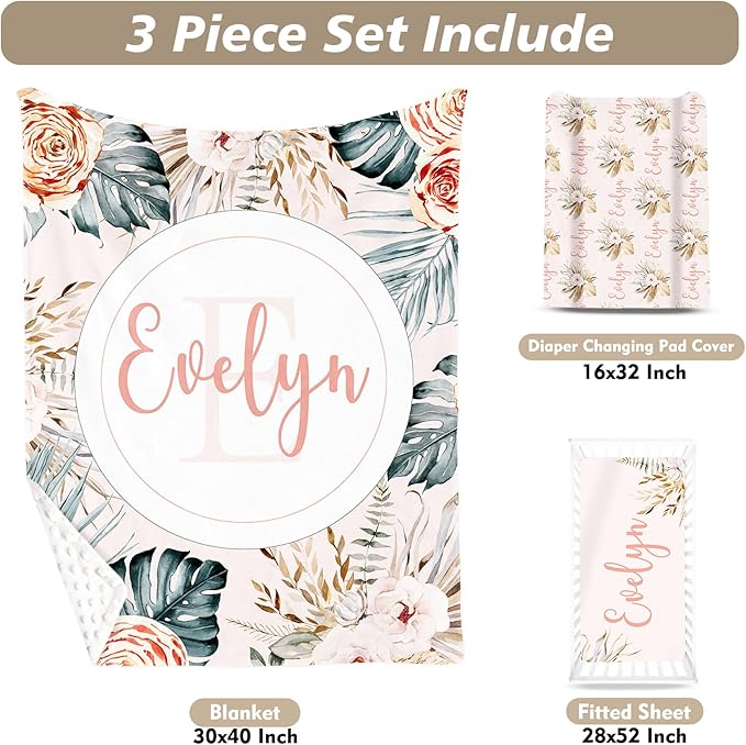 Custom Name Crib Bedding Set - Bohemian Flowers Design, Personalized Baby Nursery Bedding 3-Piece Set– Soft Blanket, Fitted Sheet, Changing Pad Cover – for Newborns Girls Nursery Gifts