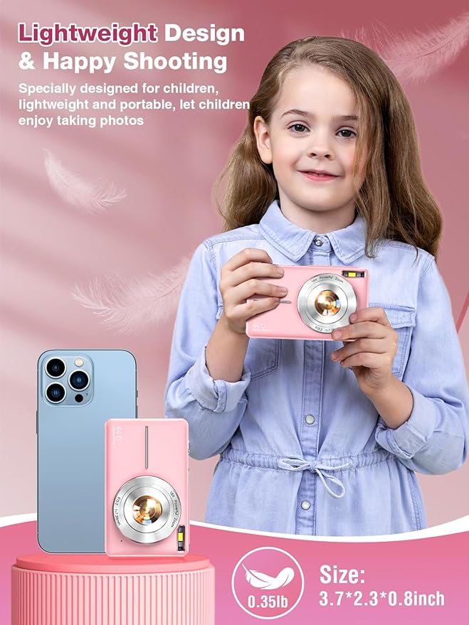 Digital Camera,FHD 1080P Kids Camera 44MP Point and Shoot Digital Cameras with 32GB Card,16X Zoom,Anti-Shake,Date Stamp,Compact Small Cameras Photography for Kids Student Teen Girl Boy(Pink)