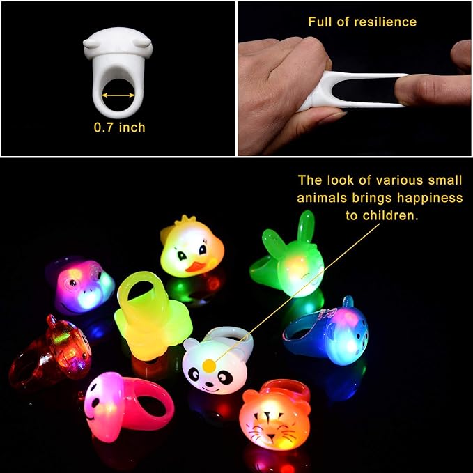 36 Pack Light Up Rings Glow in The Dark Party Supplies, Light up Party Favors, Goodie Bag Stuffers, Birthday Christmas Party Favors Classroom Prizes Cute Animal Treasure Box for Kids