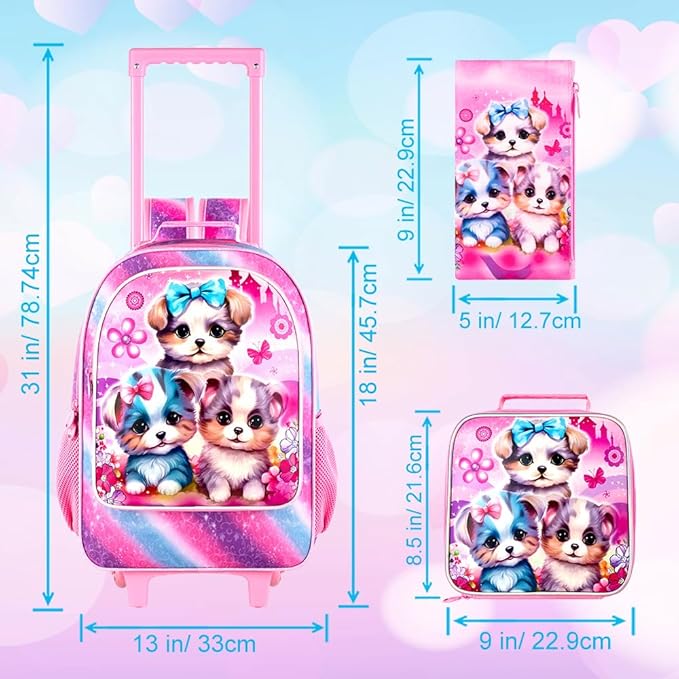 gxtvo Rolling Backpack for Girls, Cute Dog Roller Wheels Kids Bookbag - Wheeled Elementary School Bag - 3PCS Dog