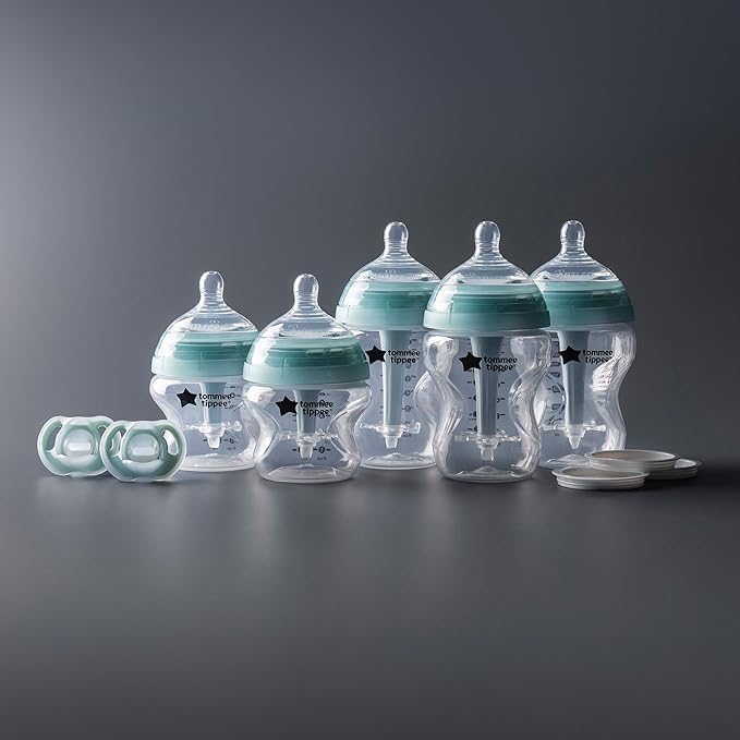 Tommee Tippee Advanced Anti-Colic 10 Piece Bottle and Pacifier Set, 5 and 9 oz BPA Free Bottles, Newborn 0+ months, Slow & Medium-Flow Breast-Like Nipples, 3 Travel Bottle Lids, 2 Ultralight Pacifiers