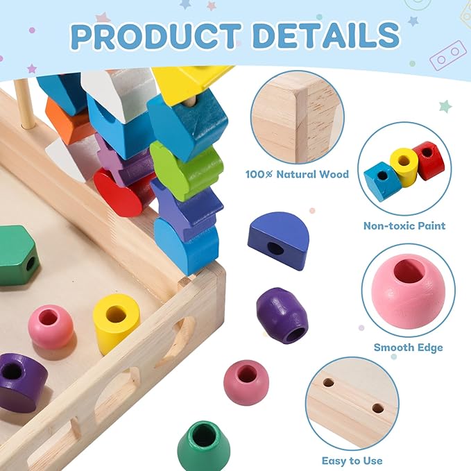 3 in 1 Montessori Wooden Beads Sequencing Toy Set - Color Sorting Stacking Geometric Shape Matching Game Beads Sequencing Toy Lacing Beads Stem Fine Motor Skills for Toddlers
