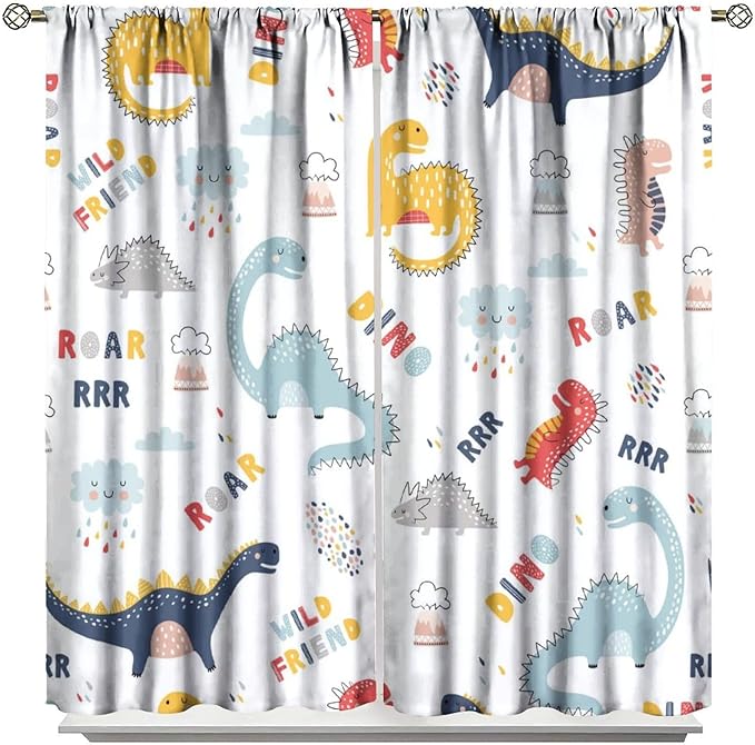 Cartoon Dinosaur Curtains for Kids Boys Girls Home Decor Colorful Cute Dino Animals Print Pattern Rod Pocket Blackout Window Drapes for Nursery Baby Bedroom Playroom W21xL54in 2 Panels