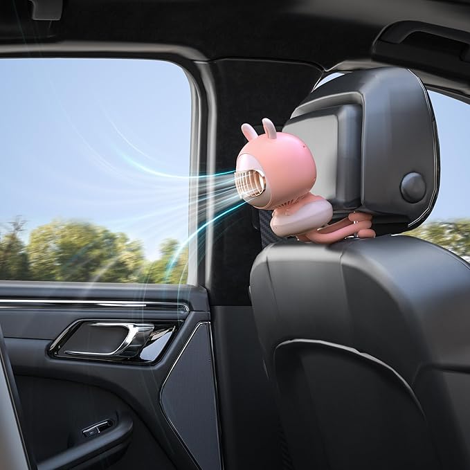 Cute Bunny Stroller Fan Clip On for Baby, Bladeless Fan 4000mAh Rechargeable Battery Operated, Flexible Tripod, 4 Speeds, Auto Oscillating, Small Cooling Fan for Kids